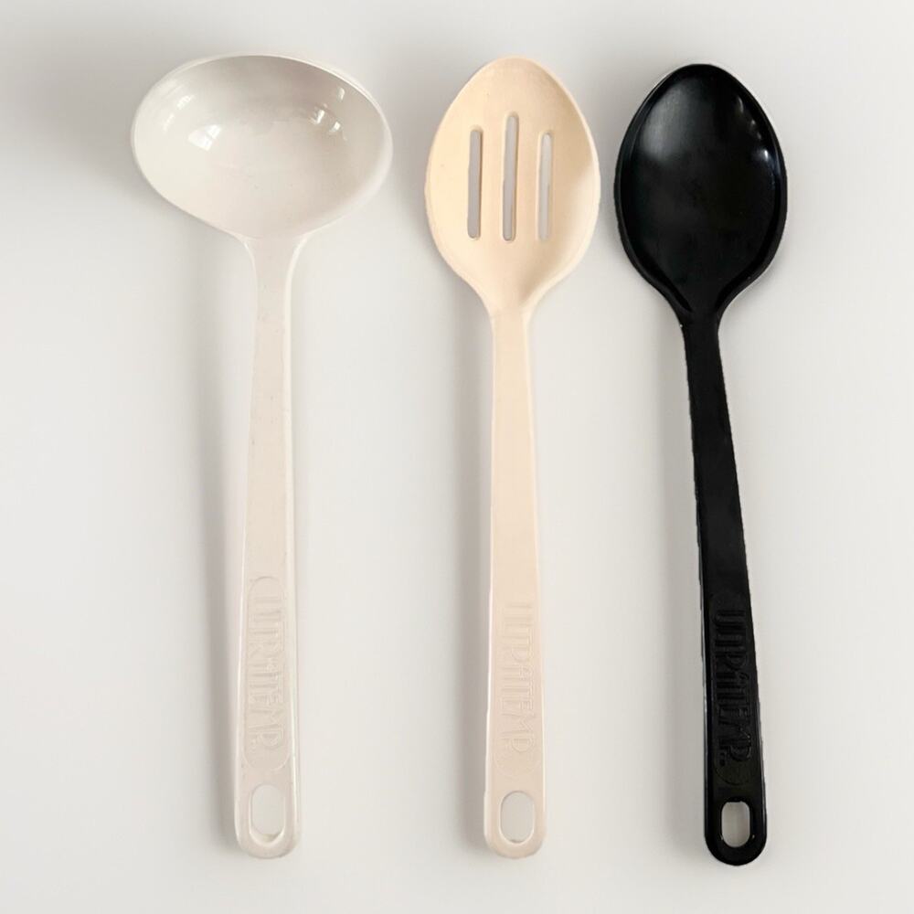 Vintage UltraTemp 3-Pc Nylon Spoons Set White Almond Black Slotted Ladle USA